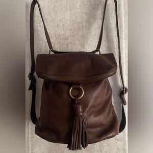 Fat Face Tara Soft Brown Leather Crossbody Zip Snap Closure Backpack ShoulderBag